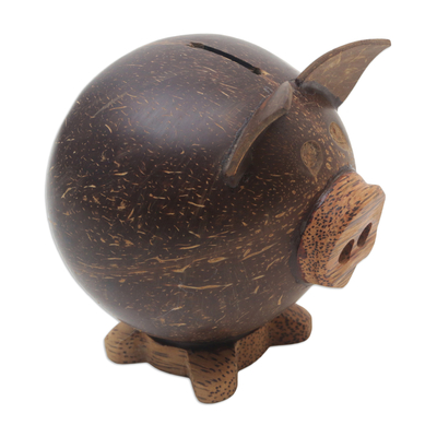 Hucha de cáscara de coco - Hucha de cerdo con cáscara de coco marrón hecha a mano de Bali