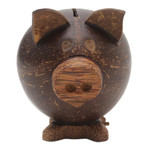 Coconut shell coin bank, 'Prosperous Piggy' - Handcrafted Brown Coconut Shell Pig Coin Bank from Bali