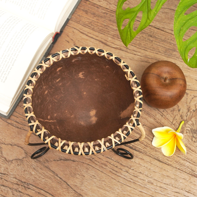 Coconut shell and iron catchall, 'Tropical Memories' - Handmade Coconut Shell and Iron Catchall with Rattan Fibers