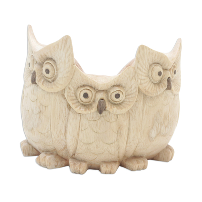 Wood statuette, 'The Wise Family' - Hand-Carved Jempinis Wood Owl Family Statuette from Bali