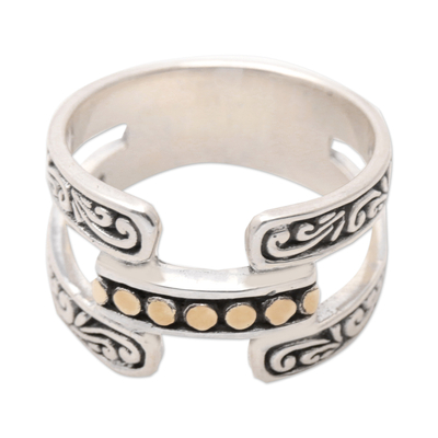 Gold-accented band ring, 'Armadillo Blooming' - Traditional 18k Gold-Accented Sterling Silver Band Ring
