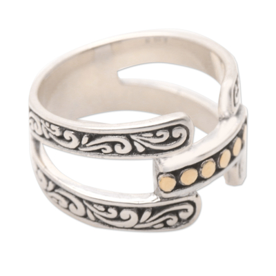 Gold-accented band ring, 'Armadillo Blooming' - Traditional 18k Gold-Accented Sterling Silver Band Ring