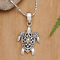 Gold-accented pendant necklace, 'Tranquil Turtle' - 18k Gold-Accented Silver Pendant Necklace with Turtle Motif