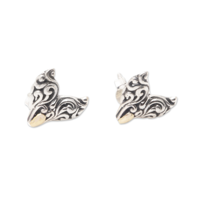 Gold-accented stud earrings, 'Whale Tails' - 18k Gold-Accented Silver Stud Earrings with Whale Tail Motif