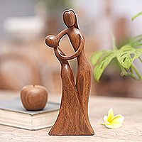 Wood sculpture, 'Dancing with Daughter' - Mother and Daughter Sculpture Hand-Carved from Wood in Bali