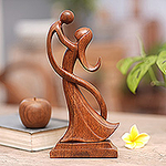 Balinese Hand-Carved Mother and Son Wood Sculpture, 'Dancing with Son'