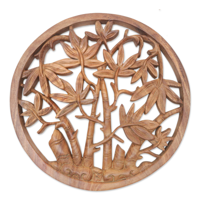 Wood relief panel, 'Palm Vibes' - Palm-Themed Relief Panel Hand-Carved from Wood in Bali