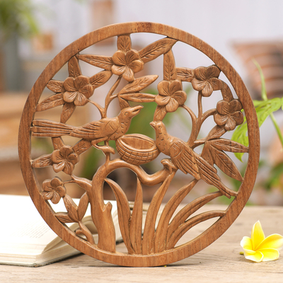 Wood relief panel, 'Morning Frangipani' - Bird Floral and Leaf Relief Panel Hand-Carved from Wood