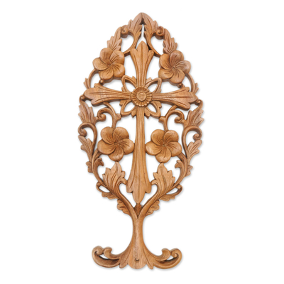 Wood relief panel, 'Frangipani Blessing' - Hand-Carved Suar Wood Relief Panel of a Floral Cross
