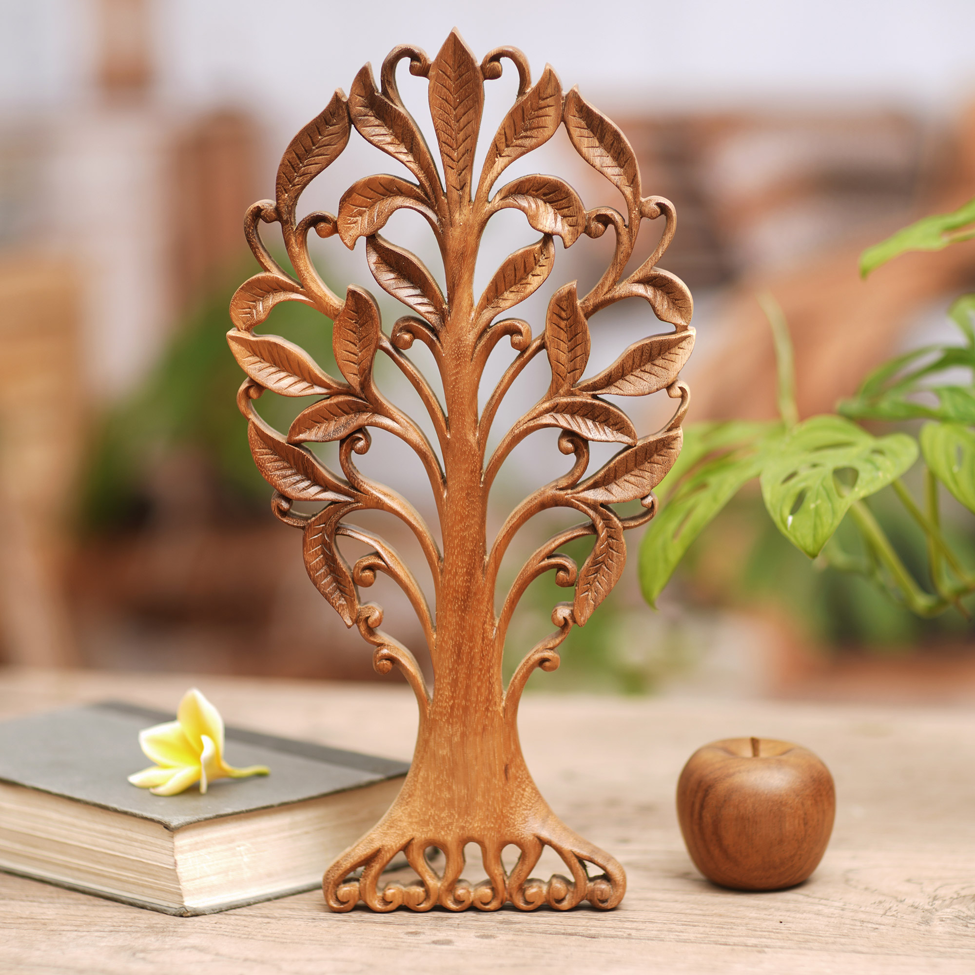 Hand-Carved Suar Wood Relief Panel of a Leafy Tree from Bali Ethereal  Leaves NOVICA Canada