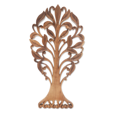 Wood relief panel, 'Ethereal Leaves' - Hand-Carved Suar Wood Relief Panel of a Leafy Tree from Bali