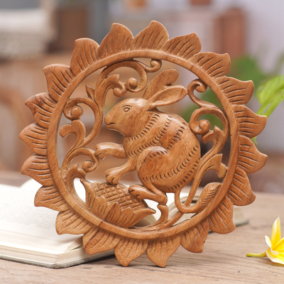 Wood relief panel, 'Adorable Rabbit' - Rabbit-Themed Relief Panel Hand-Carved from Wood in Bali