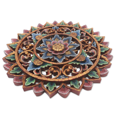 Wood relief panel, 'Rainbow Garden' - Floral & Leaf Wood Relief Panel Carved and Painted by Hand