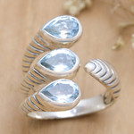Blue topaz wrap ring, 'Three Times Azure' - Blue Topaz and Sterling Silver Wrap Ring Made in Bali