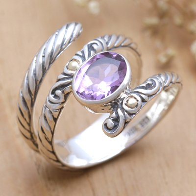 Gold-accented amethyst cocktail ring, 'Radiant Style' - Balinese Cocktail Ring with Amethyst and 18k Gold Accents