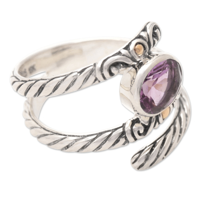 Gold-accented amethyst cocktail ring, 'Radiant Style' - Balinese Cocktail Ring with Amethyst and 18k Gold Accents