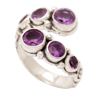 Amethyst wrap ring, 'Purple Gravel' - Sterling Silver Wrap Ring with Amethyst Gemstones from Bali