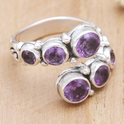 Amethyst wrap ring, 'Purple Gravel' - Sterling Silver Wrap Ring with Amethyst Gemstones from Bali