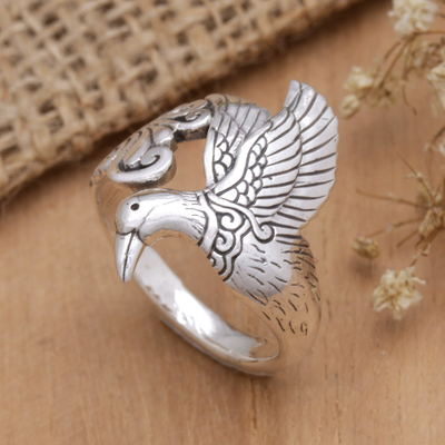 Sterling silver cocktail ring, 'Heavenly Dove' - Dove-Themed Sterling Silver Cocktail Ring from Bali