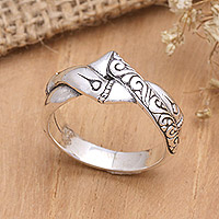 Sterling silver band ring, 'Ancestral Tiara' - Balinese Sterling Silver Band Ring with Traditional Motifs