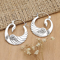 Sterling silver hoop earrings, 'Swan Goddess' - Swam-Themed Sterling Silver Hoop Earrings Crafted in Bali