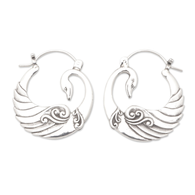 Sterling silver hoop earrings, 'Swan Goddess' - Swam-Themed Sterling Silver Hoop Earrings Crafted in Bali