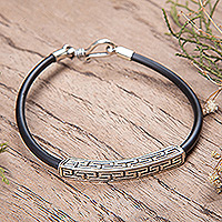 Men's sterling silver pendant bracelet, 'Stacked Small Bricks' - Sterling Silver Men's Bracelet with Patterned Pendant