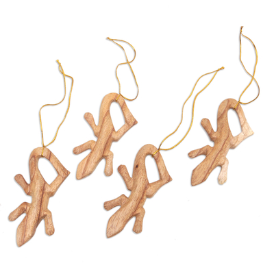 Wood ornaments, 'Creeping Lizards' (set of 4) - Set of 4 Wood Lizard Ornaments Hand-Carved in Bali