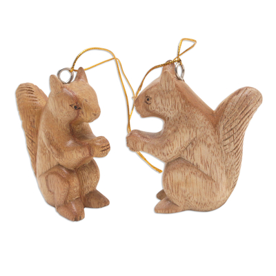 Wood ornaments, 'Wise Squirrels' (pair) - Pair of Wood Squirrel Ornaments Hand-Carved in Bali