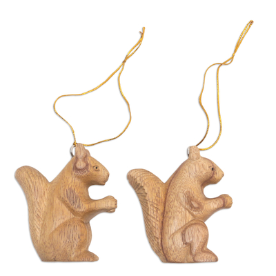 Wood ornaments, 'Wise Squirrels' (pair) - Pair of Wood Squirrel Ornaments Hand-Carved in Bali