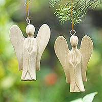 Wood ornaments, 'Blessing Angels' (pair) - Pair of Crocodile Wood Angel Ornaments Hand-Carved in Bali