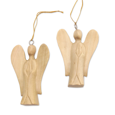 Wood ornaments, 'Blessing Angels' (pair) - Pair of Crocodile Wood Angel Ornaments Hand-Carved in Bali