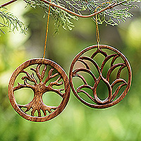 Wood ornaments, 'Flower and Tree' (pair) - Pair of Hand-Carved Lotus Flower and Tree Wood Ornaments