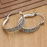 Sterling silver hoop earrings, 'Bali Waves' - Sterling Silver Hoop Earrings with Traditional Motifs