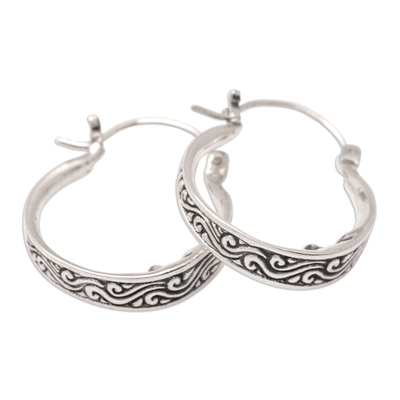 Sterling Silver Hoop Earrings with Traditional Motifs - Bali Waves | NOVICA