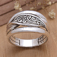 Sterling silver band ring, 'Island Awakening' - Polished Sterling Silver Band Ring with Traditional Motifs