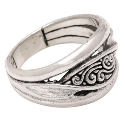 Sterling silver band ring, 'Island Awakening' - Polished Sterling Silver Band Ring with Traditional Motifs