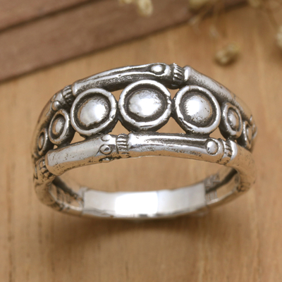 Sterling silver domed ring, 'Bamboo Universe' - Bamboo-Themed Sterling Silver Domed Ring from Bali
