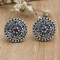 Amethyst button earrings, 'Wise Maiden' - Round Sterling Silver Button Earrings with Amethyst Gems