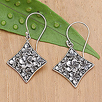 Sterling silver dangle earrings, 'Frangipani Spark' - Diamond-Shaped Sterling Silver Floral Dangle Earrings