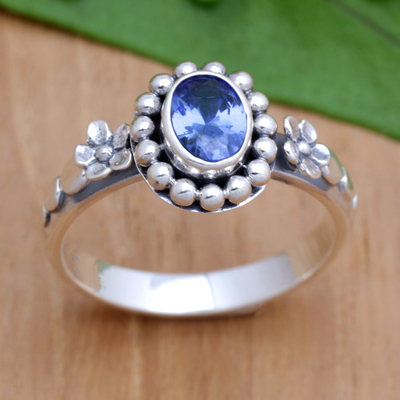 Cubic zirconia cocktail ring, 'Blue Maiden' - Floral Sterling Silver Cocktail Ring with Cubic Zirconia