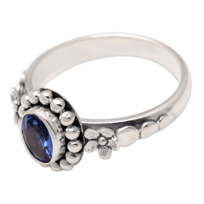 Cubic zirconia cocktail ring, 'Blue Maiden' - Floral Sterling Silver Cocktail Ring with Cubic Zirconia