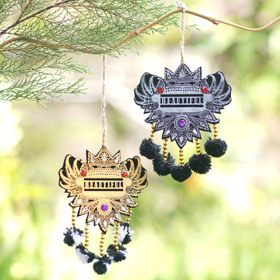 Beaded ornaments, 'Dark Balinese Glory' (set of 2) - Set of 2 Traditional Beaded Ornaments with Black Pompoms