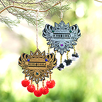 Beaded ornaments, 'Vibrant Balinese Glory' (set of 2) - Set of 2 Traditional Beaded Ornaments with Vibrant Pompoms