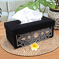 Velvet tissue box cover, 'Paradise Reflection' - Black Velvet Tissue Box Cover with Silver-Toned Pattern