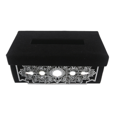 Funda de caja de pañuelos de terciopelo - Funda para caja de pañuelos de terciopelo negro con patrón plateado
