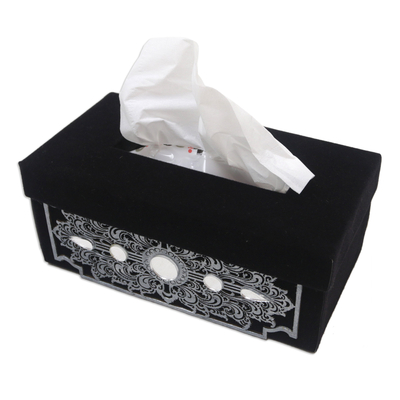 Taschentuchbox-Bezug aus schwarzem Samt mit silberfarbenem Muster