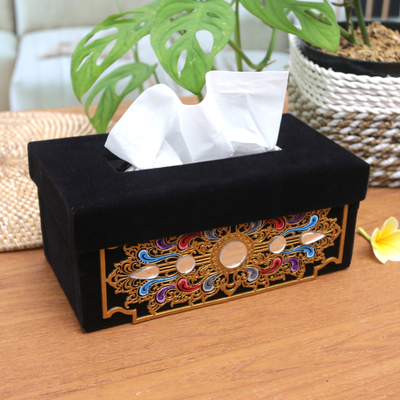 Velvet tissue box cover, 'Heaven Reflection' - Black Velvet Tissue Box Cover with Gold-Toned Pattern