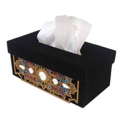 Funda de caja de pañuelos de terciopelo - Funda para caja de pañuelos de terciopelo negro con estampado dorado