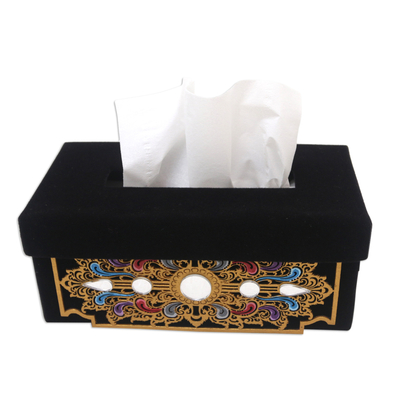 Velvet tissue box cover, 'Heaven Reflection' - Black Velvet Tissue Box Cover with Gold-Toned Pattern